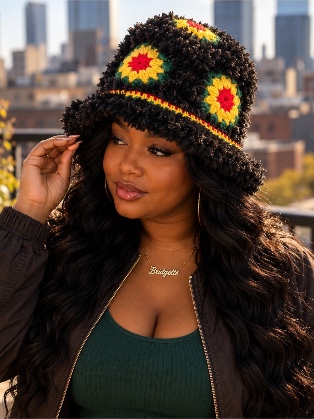 Handmade Crochet Bucket Hat Black Fuzzy Floral Jamaican Inspired
